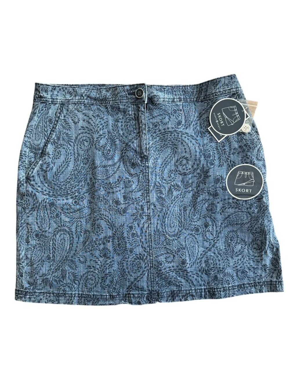 Karen Scott Blue Paisley Chambray Skort 12 NWT Coastal Summer Travel Stretch New